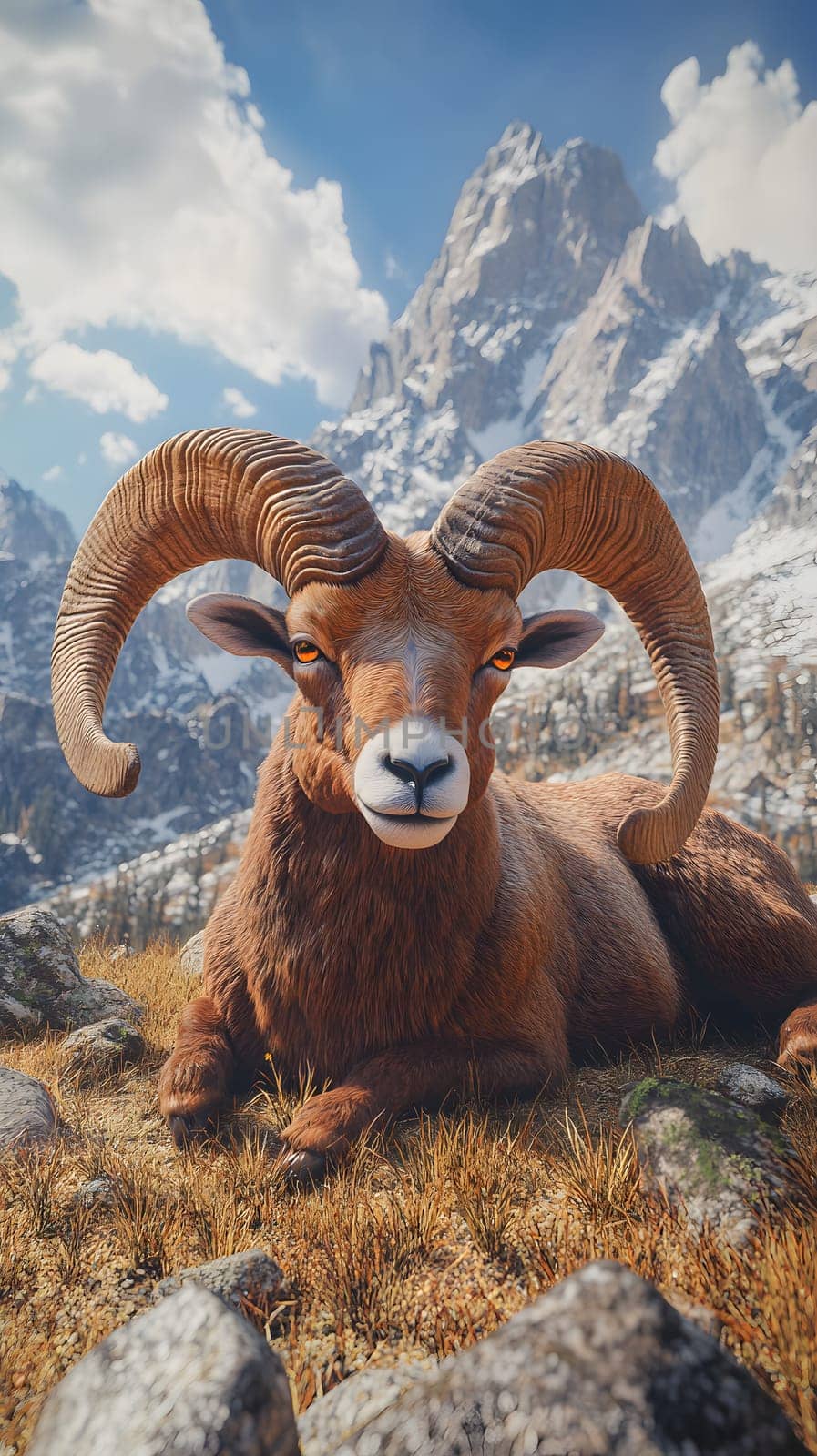A majestic ram resting in a mountainous landscape.