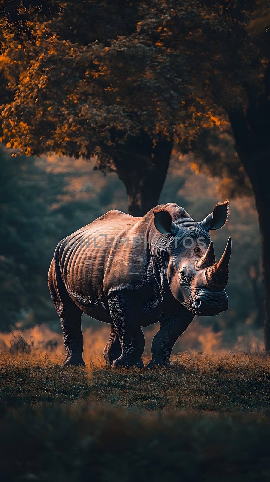 A majestic rhinoceros stands in a serene, forested landscape.