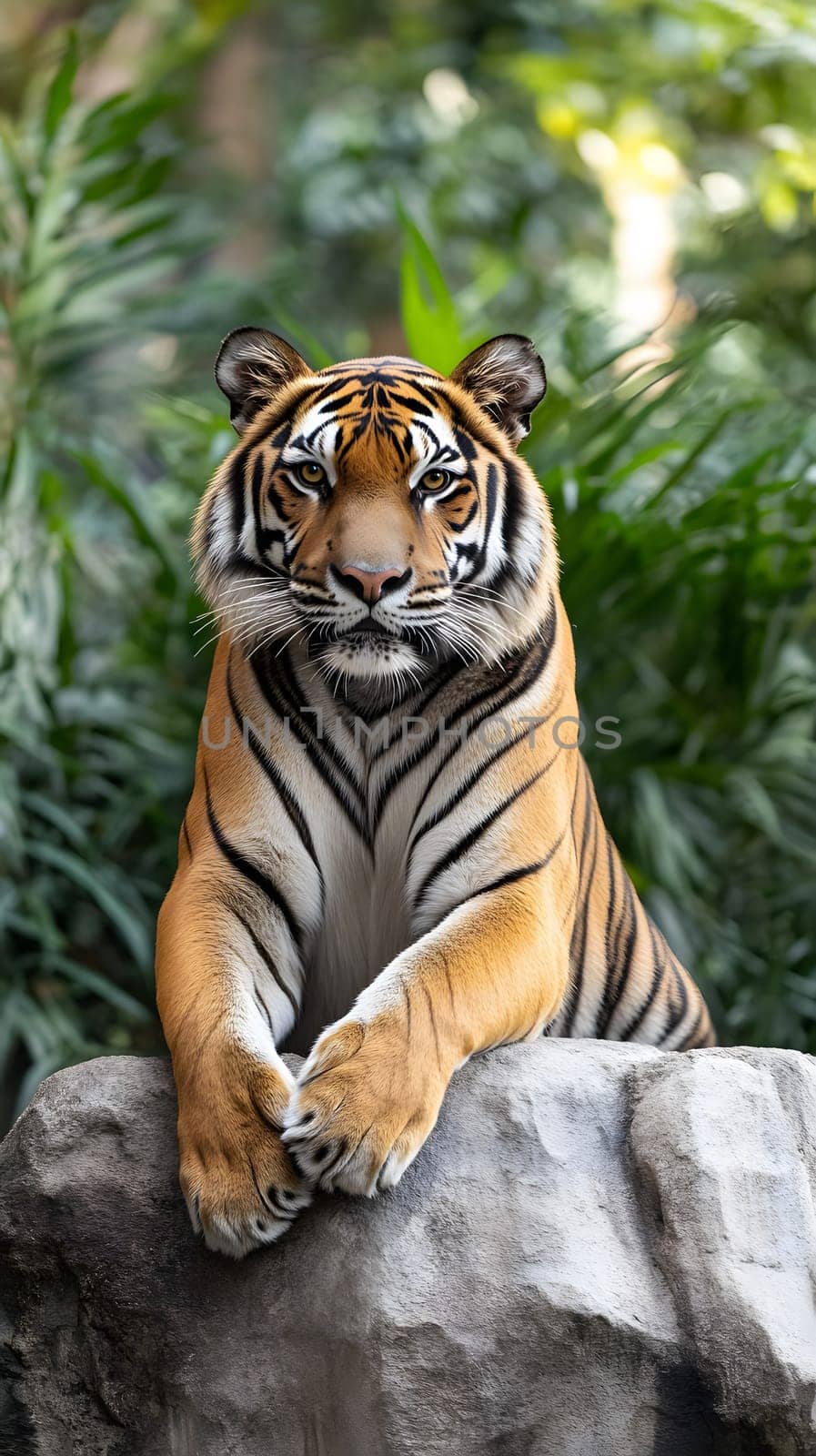A majestic tiger resting on a rock amidst lush greenery.