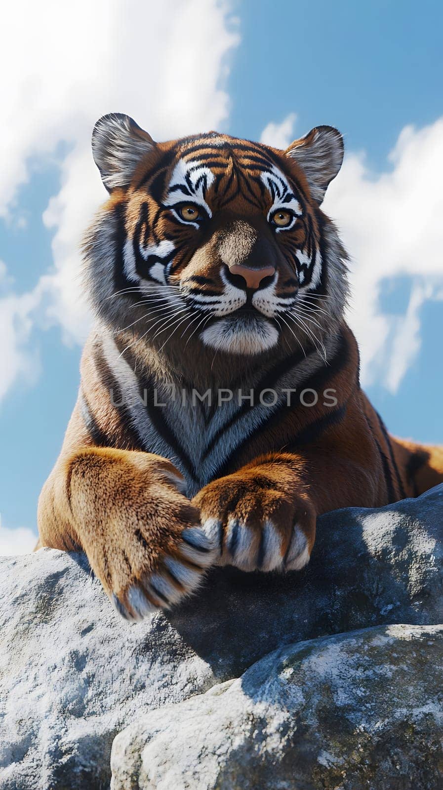A majestic tiger resting on a rock under a blue sky.