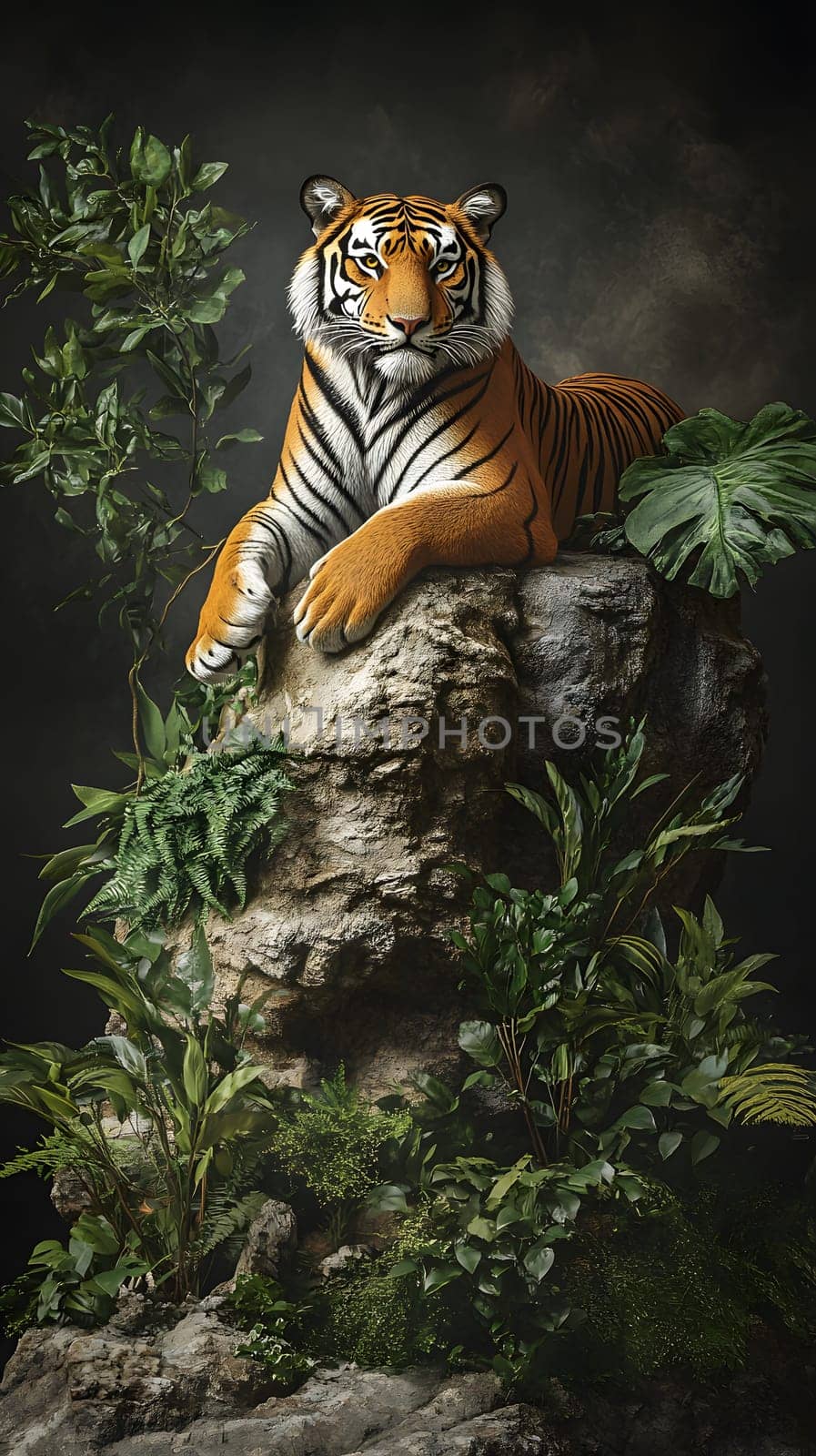 A majestic tiger resting on a rocky perch amidst lush greenery.
