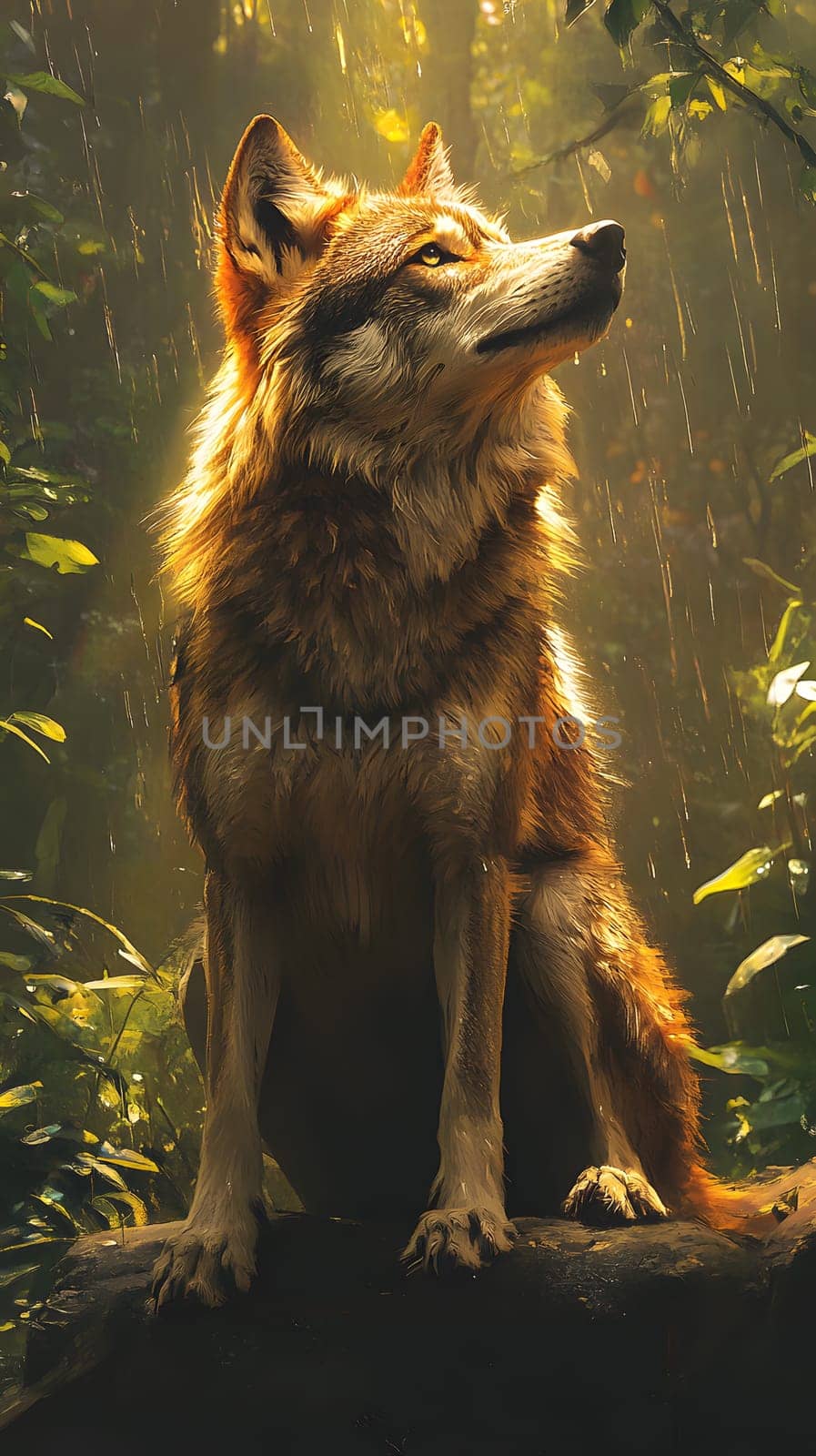 A majestic wolf sits in a lush forest, illuminated by soft light.