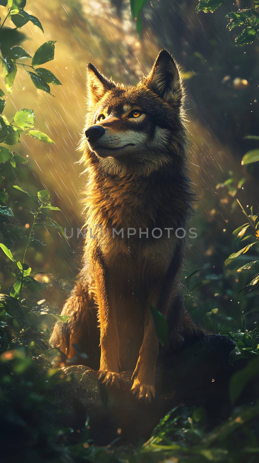 A majestic wolf sitting among lush greenery, illuminated by sunlight.
