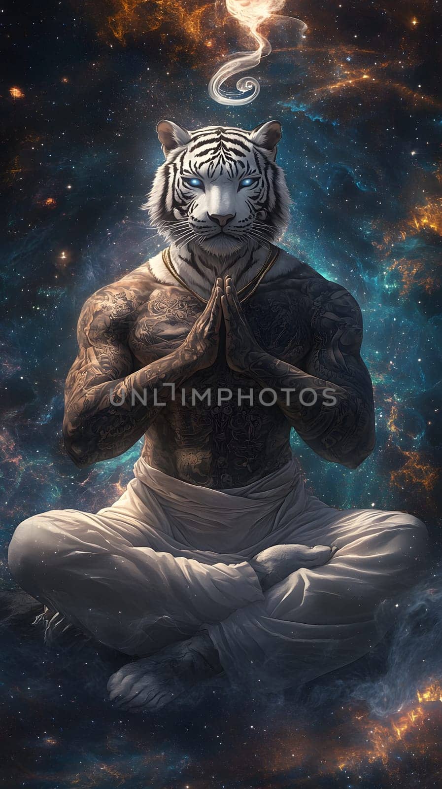 A meditative figure with a tiger's head in a cosmic background.