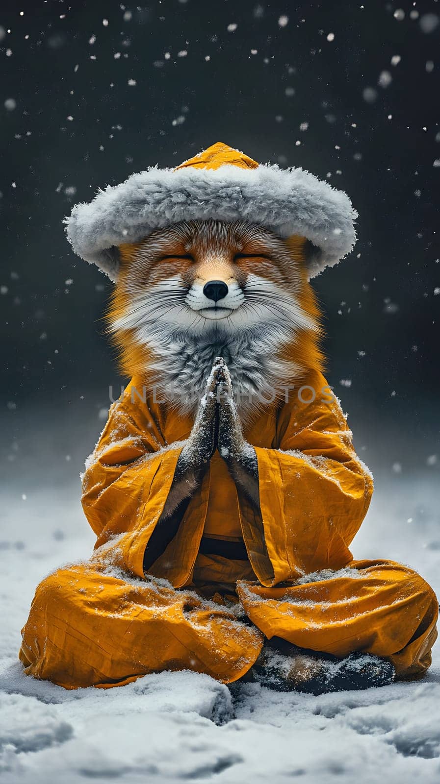 A meditative fox in a snowy landscape, dressed in a monk's robe.