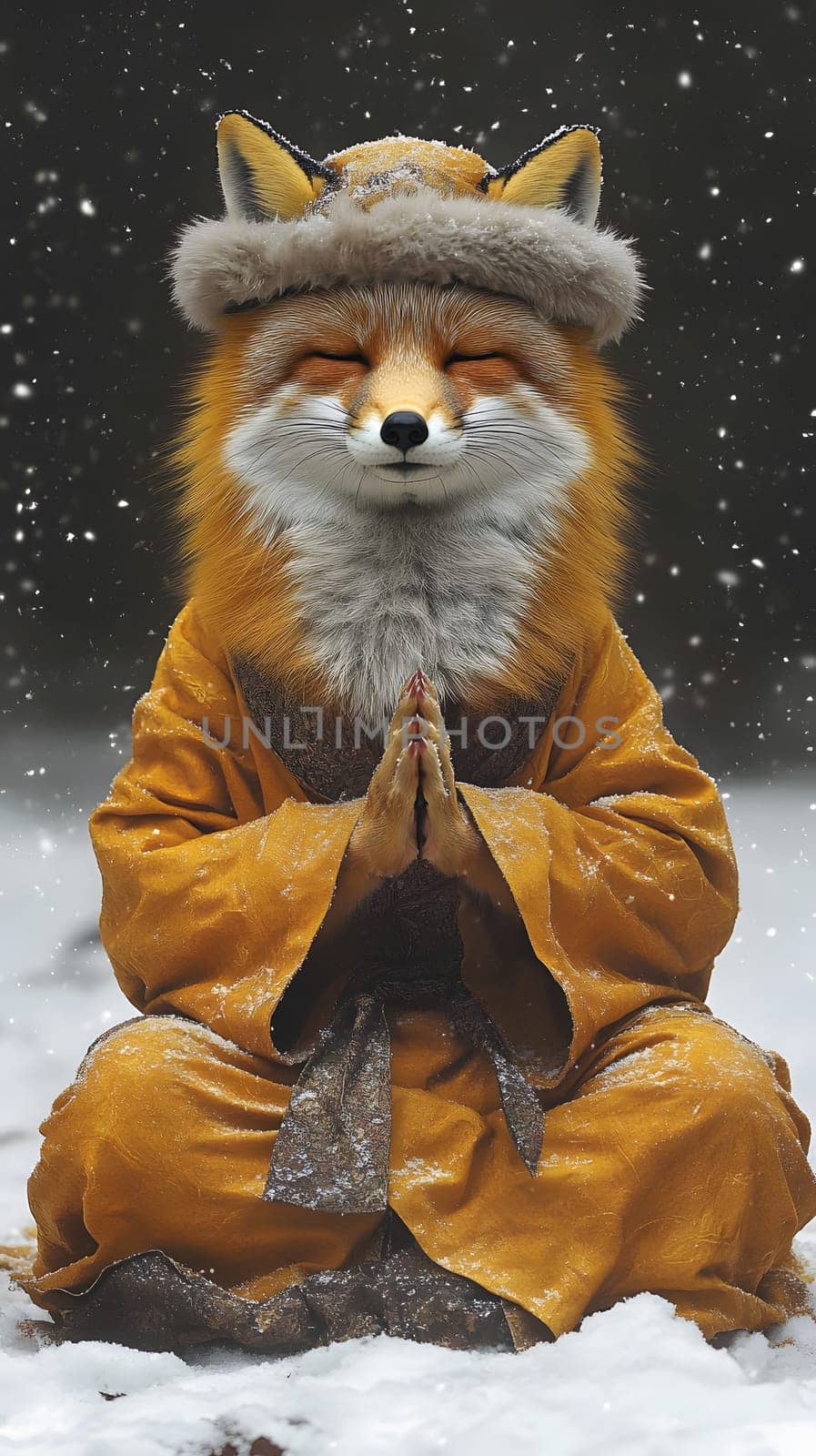 A meditative fox in a snowy landscape, wearing traditional attire.