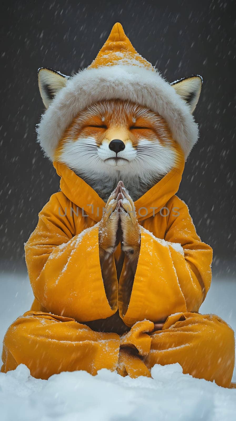 A meditative fox in an orange robe, surrounded by falling snow.