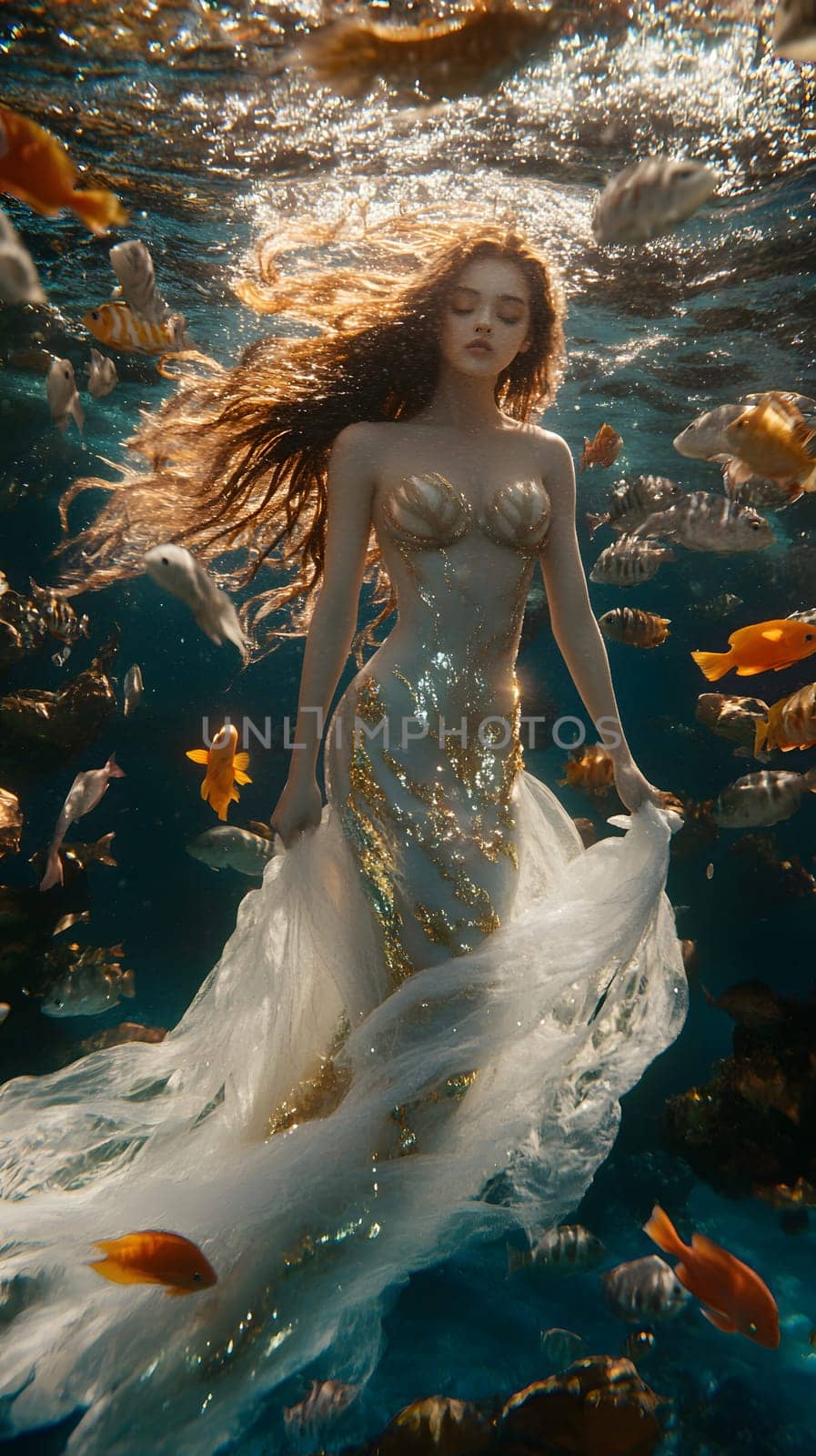 A mermaid gracefully swims among colorful fish in a serene underwater scene.