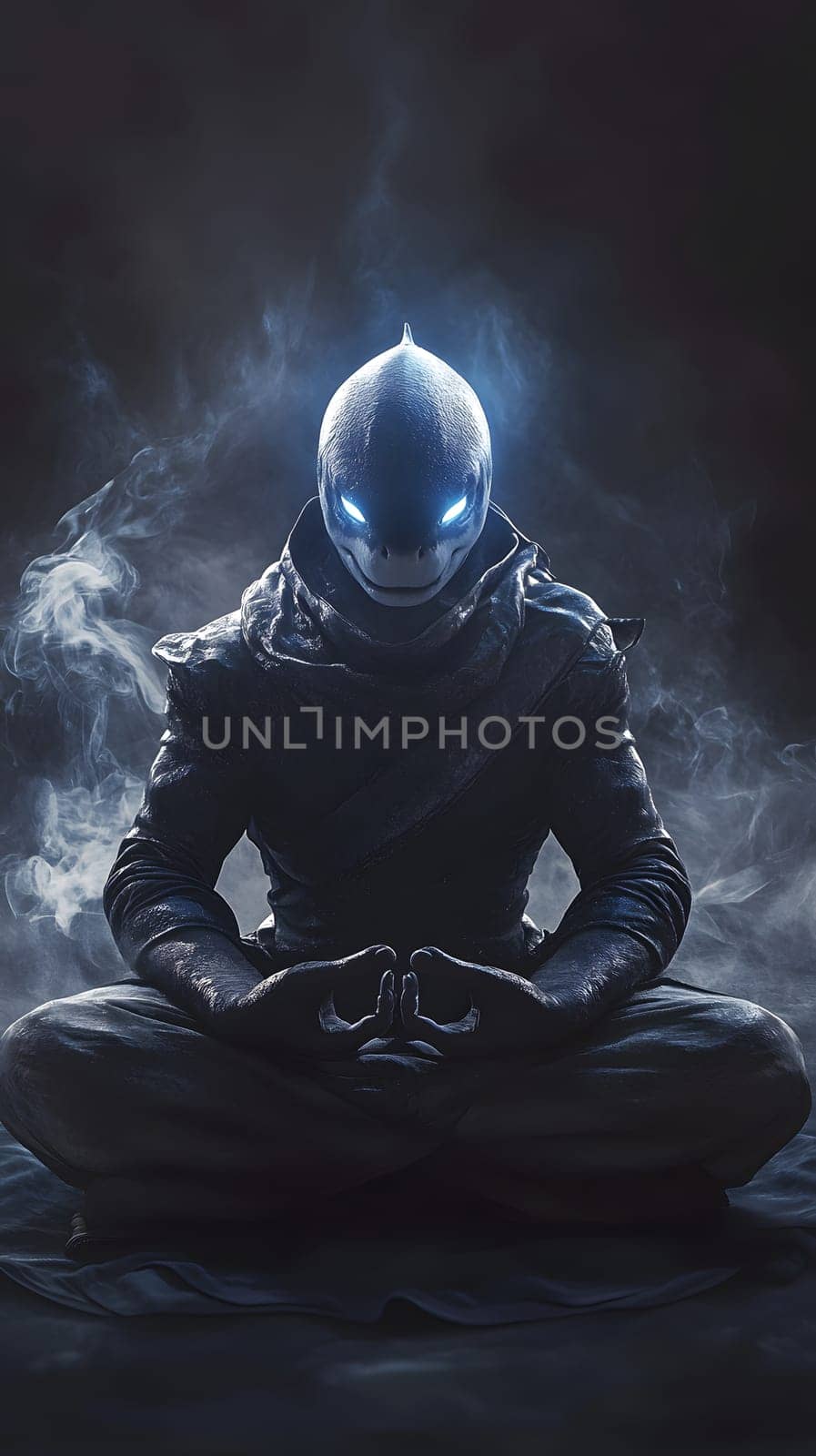 A mysterious figure in a dark setting, meditating with glowing eyes.