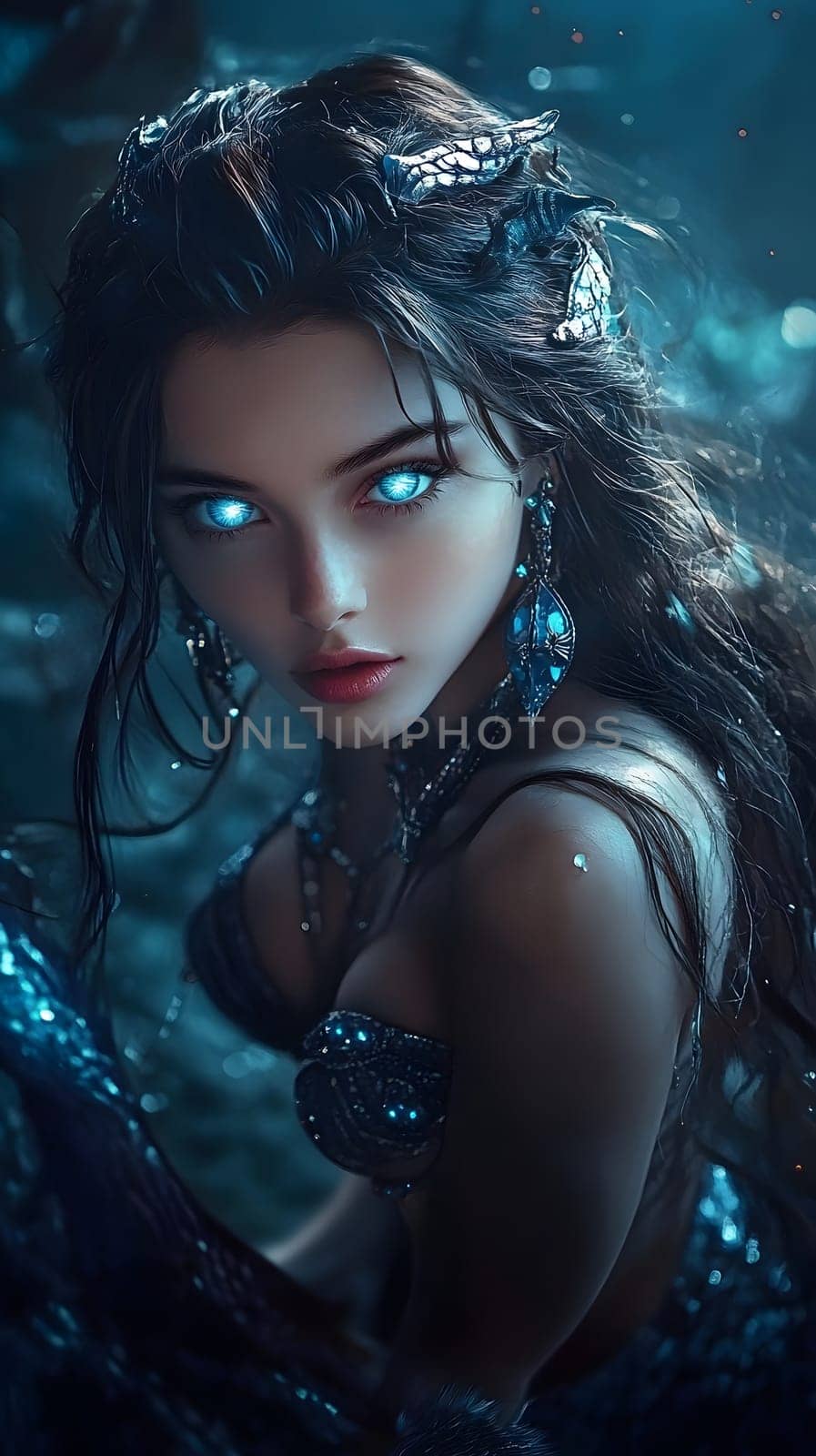 A mystical character with glowing eyes in an underwater setting.