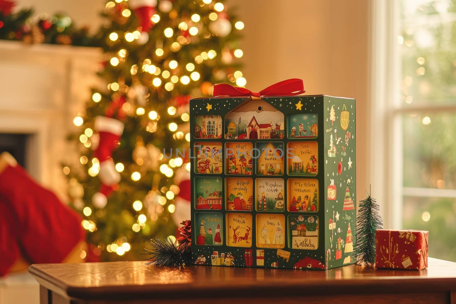 Family-oriented advent calendar featuring large compartments filled with holiday activities and crafts. set in a cozy living room adorned with a decorated christmas tree, creating a warm festive atmosphere perfect for the holiday season.