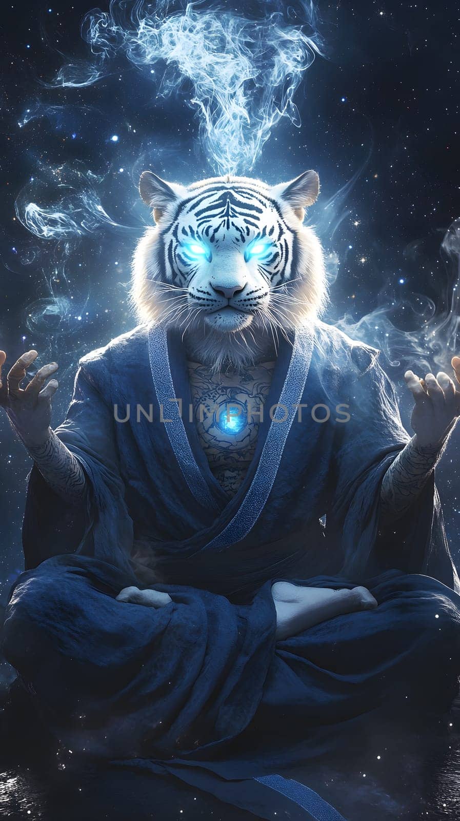 A mystical tiger meditating, embodying wisdom and tranquility.