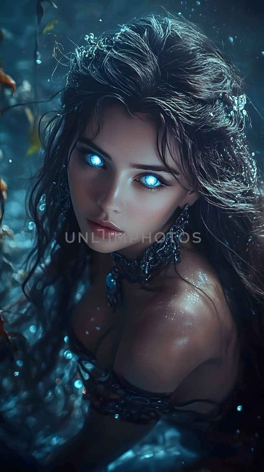 A mystical woman with glowing eyes in a watery, enchanting setting.