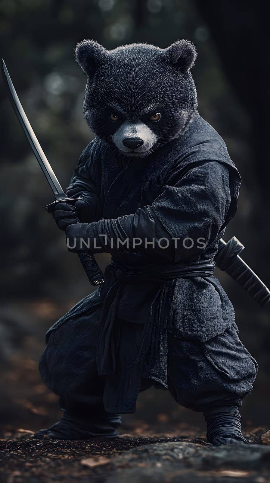 A panda in a ninja outfit wielding a sword in a forest setting.