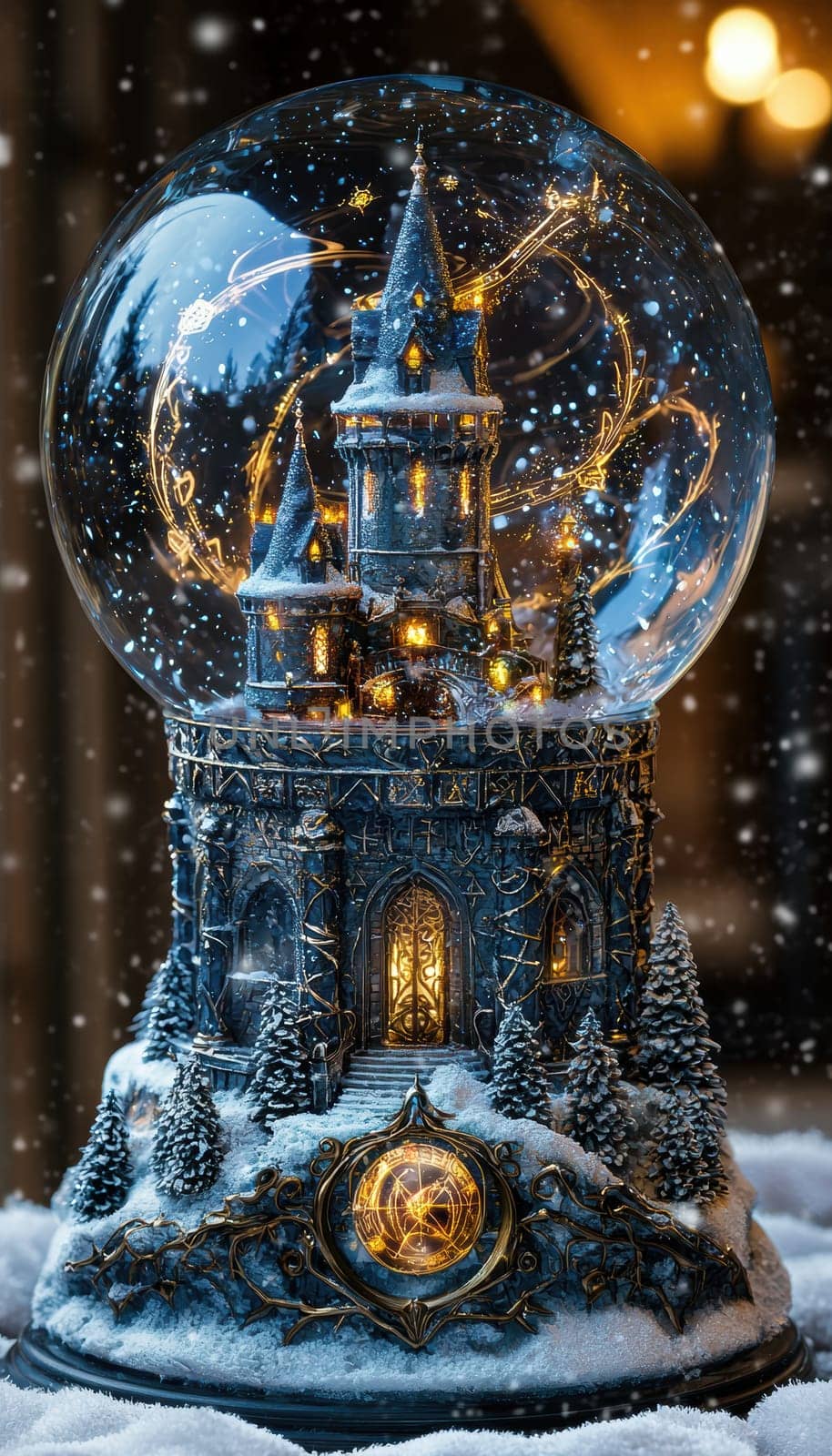 A mystical snow globe showcasing a snowy wizard's tower illuminated by swirling magical runes. the intricately detailed base features arcane symbols and enchanting motifs, creating an otherworldly fantasy scene perfect for storytelling.