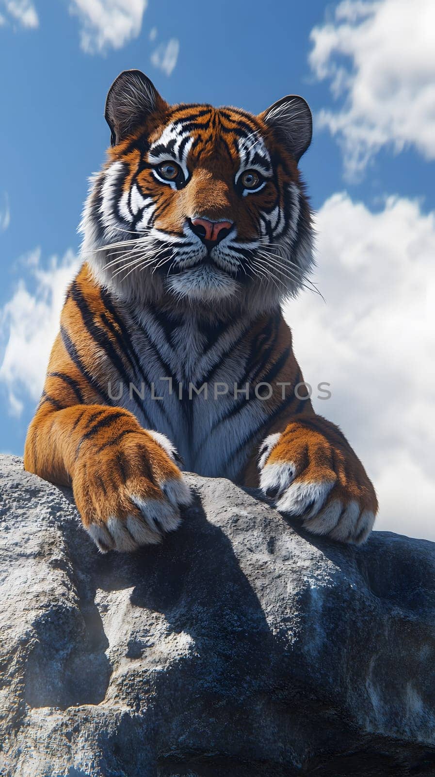 A realistic tiger resting on a rock under a blue sky.