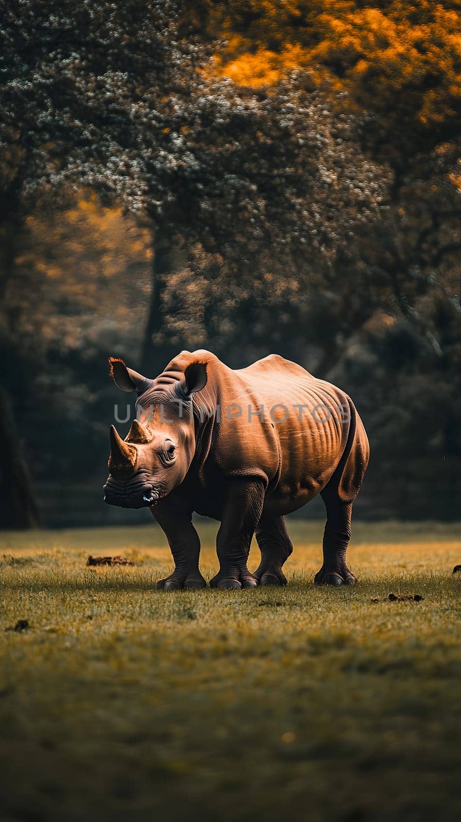 A rhinoceros stands majestically in a serene natural setting.