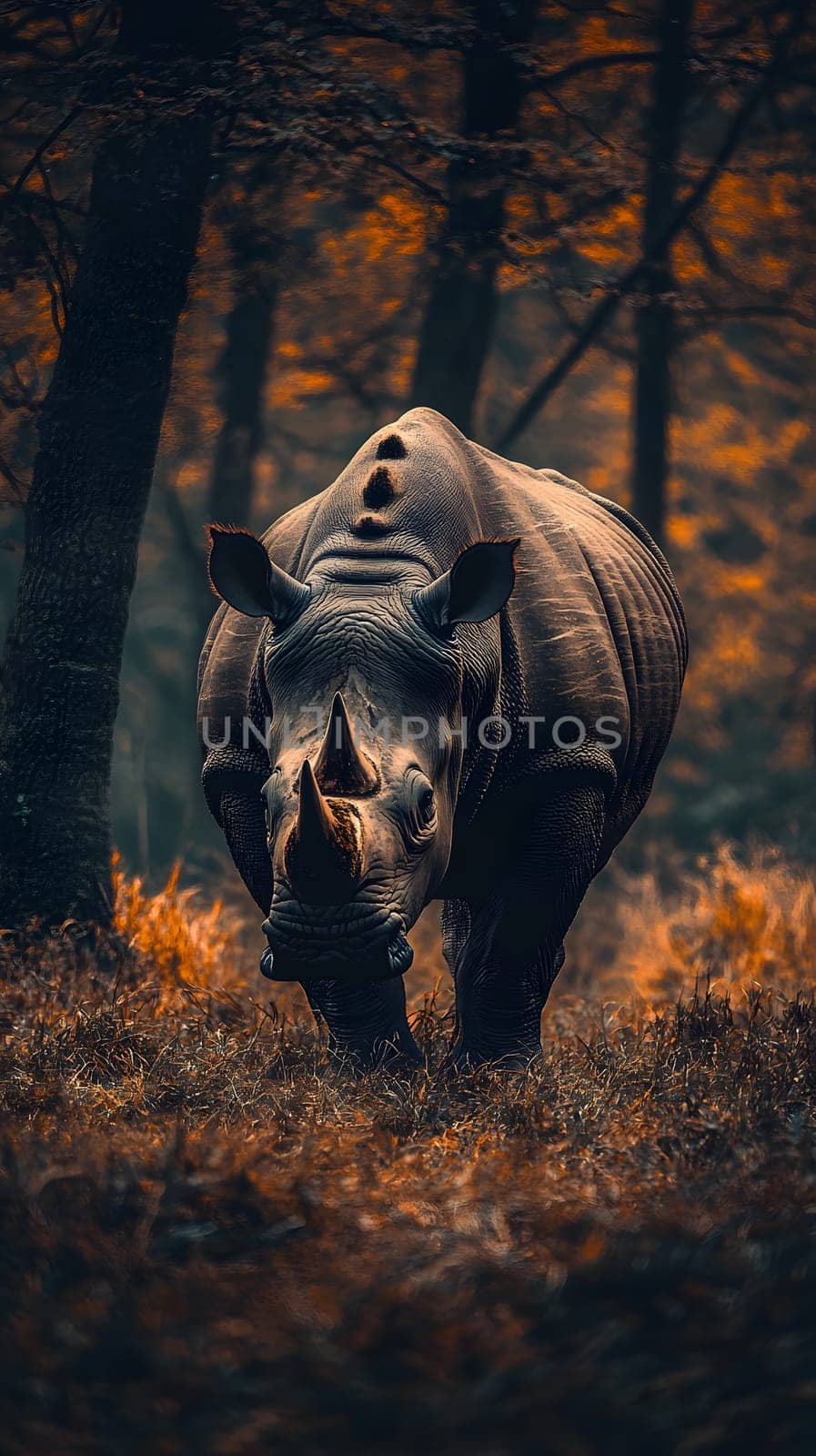 A rhinoceros walking through a forest in autumn foliage.
