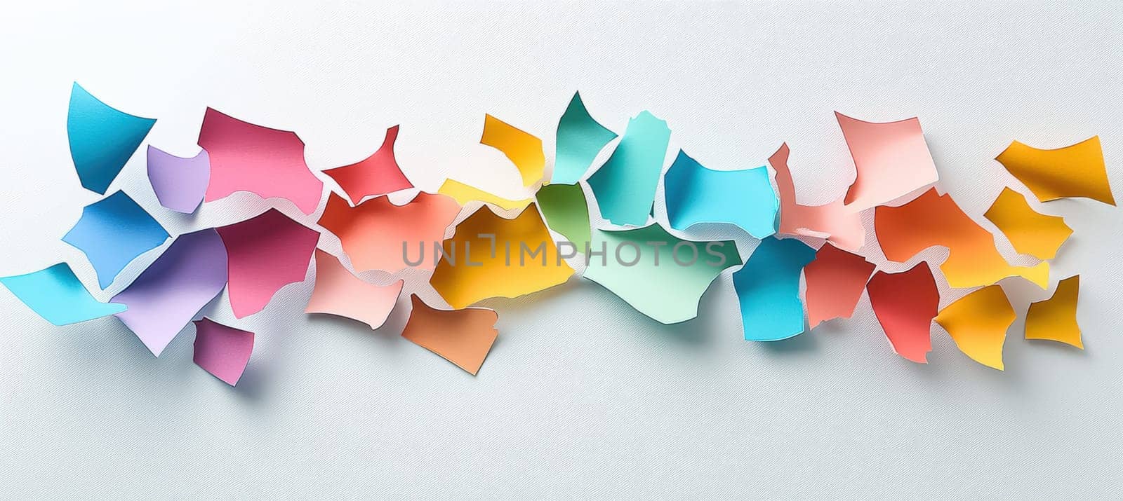 Dynamic arrangement of colorful torn paper pieces on a white background, featuring detailed edges and shadows that create a 3d effect. ideal for creative design applications, adding a vibrant and artistic touch.