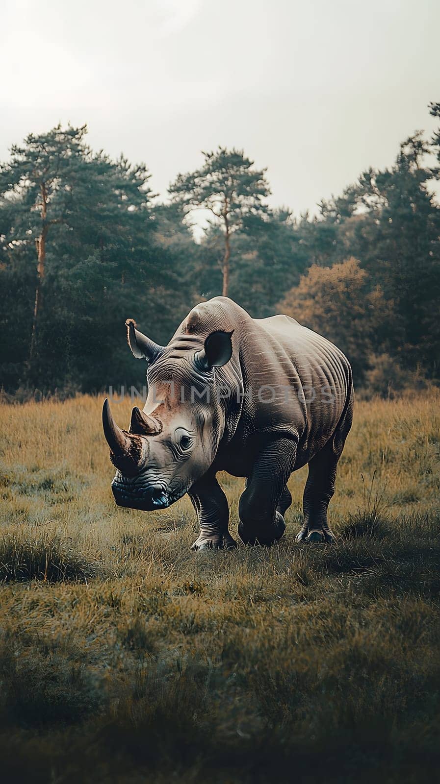 A rhinoceros walking through a grassy landscape with trees in the background.