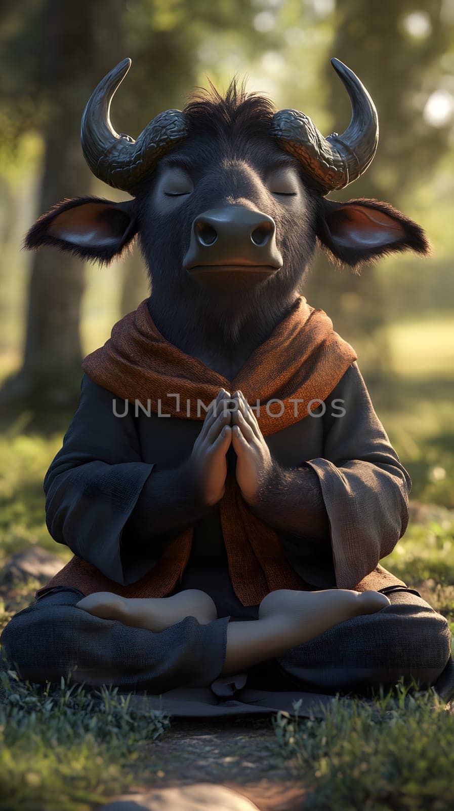 A serene bull meditating in a peaceful forest setting.