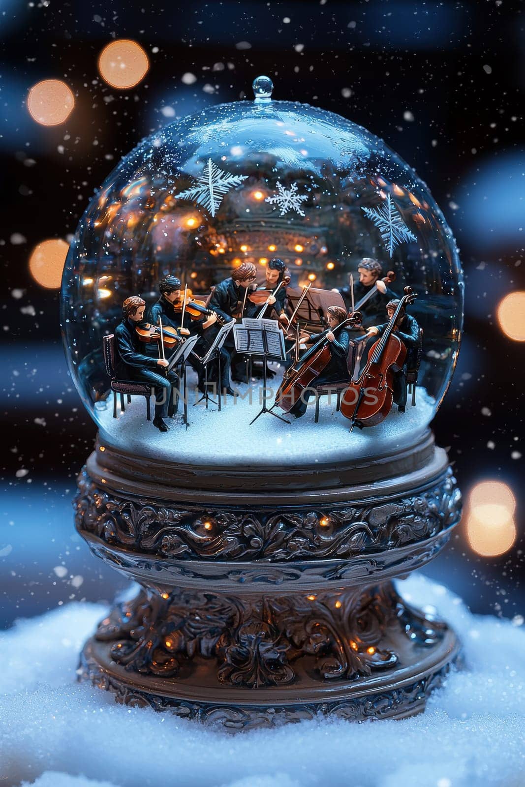 A decorative snow globe featuring a detailed miniature orchestra playing within a snowy concert hall. swirling snowflakes and glowing lights add a festive touch. the base is adorned with musical notes and instruments, perfect for seasonal decor.