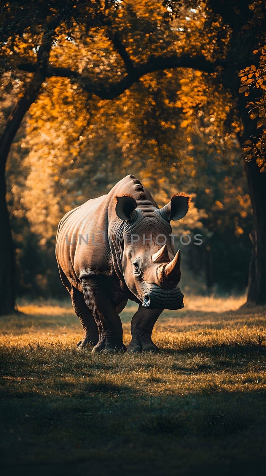 A rhinoceros walks through a sunlit forest in autumn.