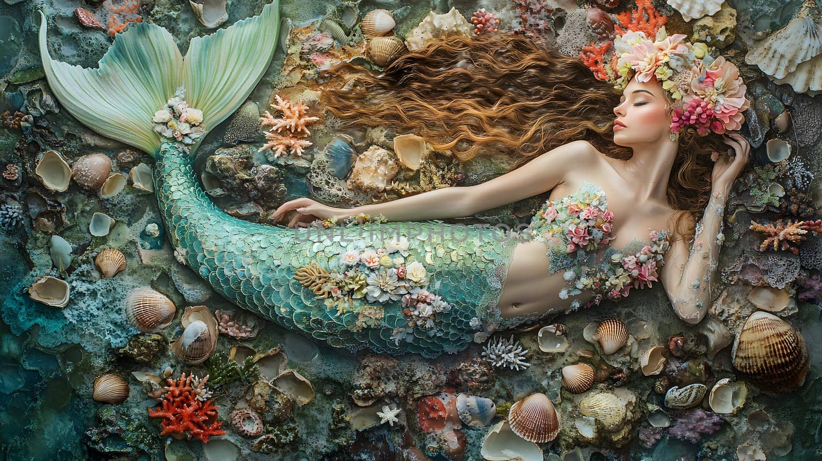 A serene mermaid surrounded by shells and coral in an underwater scene.