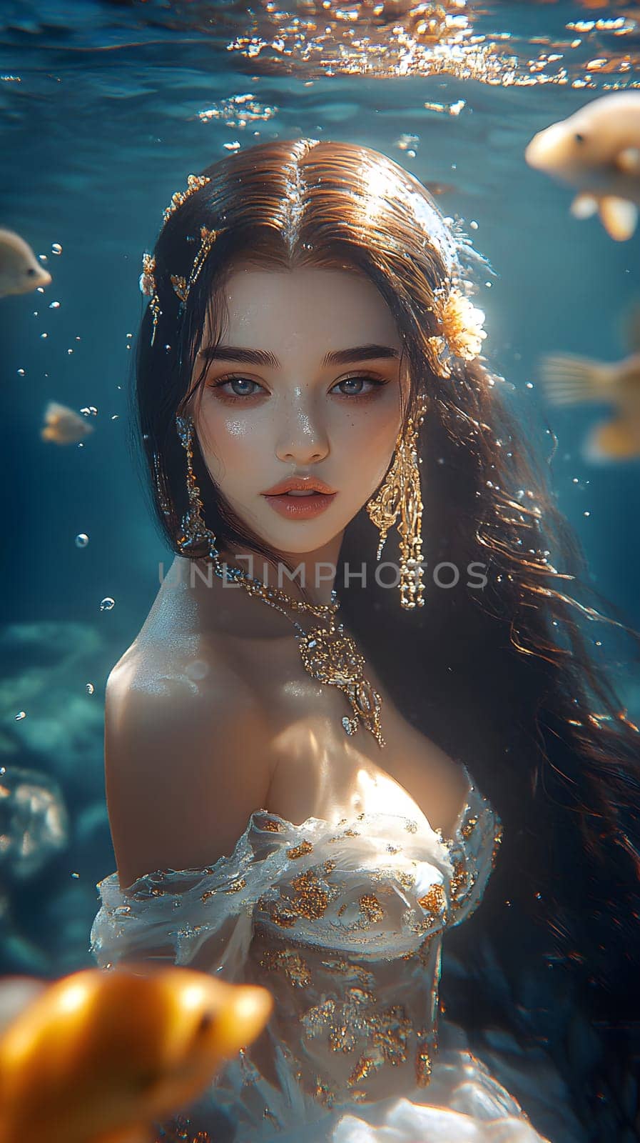 A serene underwater portrait of a woman surrounded by fish.