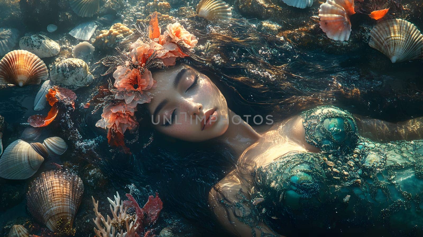 A serene underwater scene featuring a mermaid surrounded by shells.