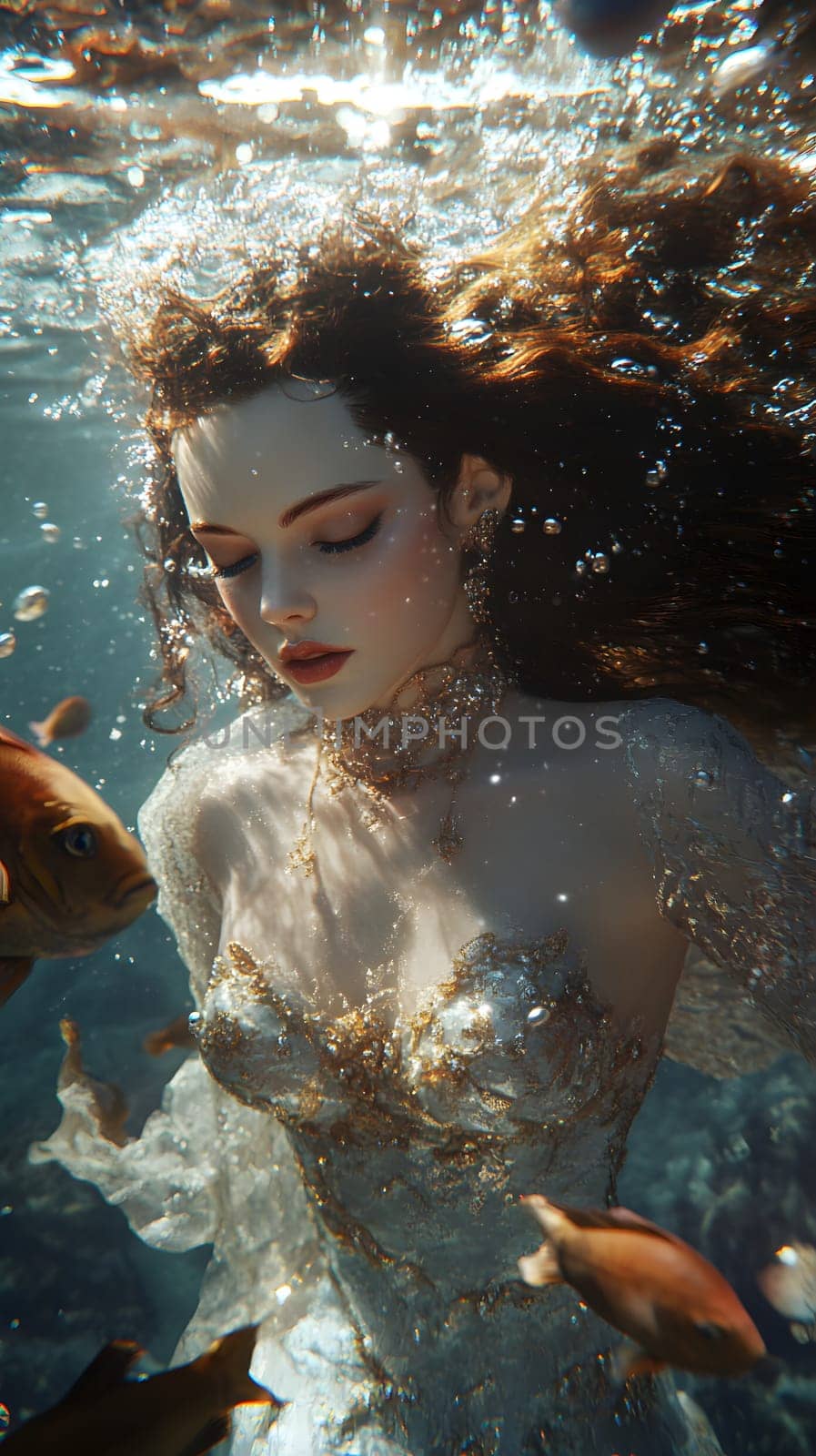 A serene underwater scene featuring a woman surrounded by fish.