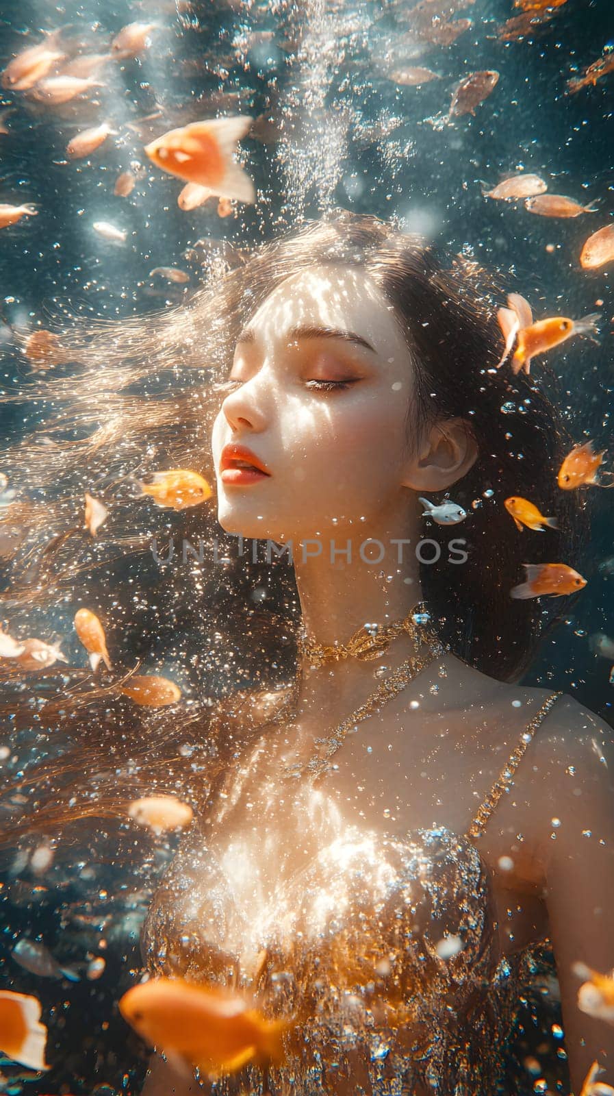 A serene underwater scene featuring a woman surrounded by goldfish.