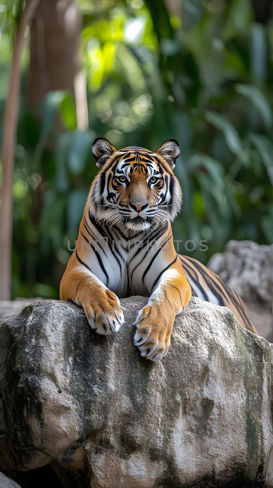 A tiger lounging on a rock in a lush, green environment.