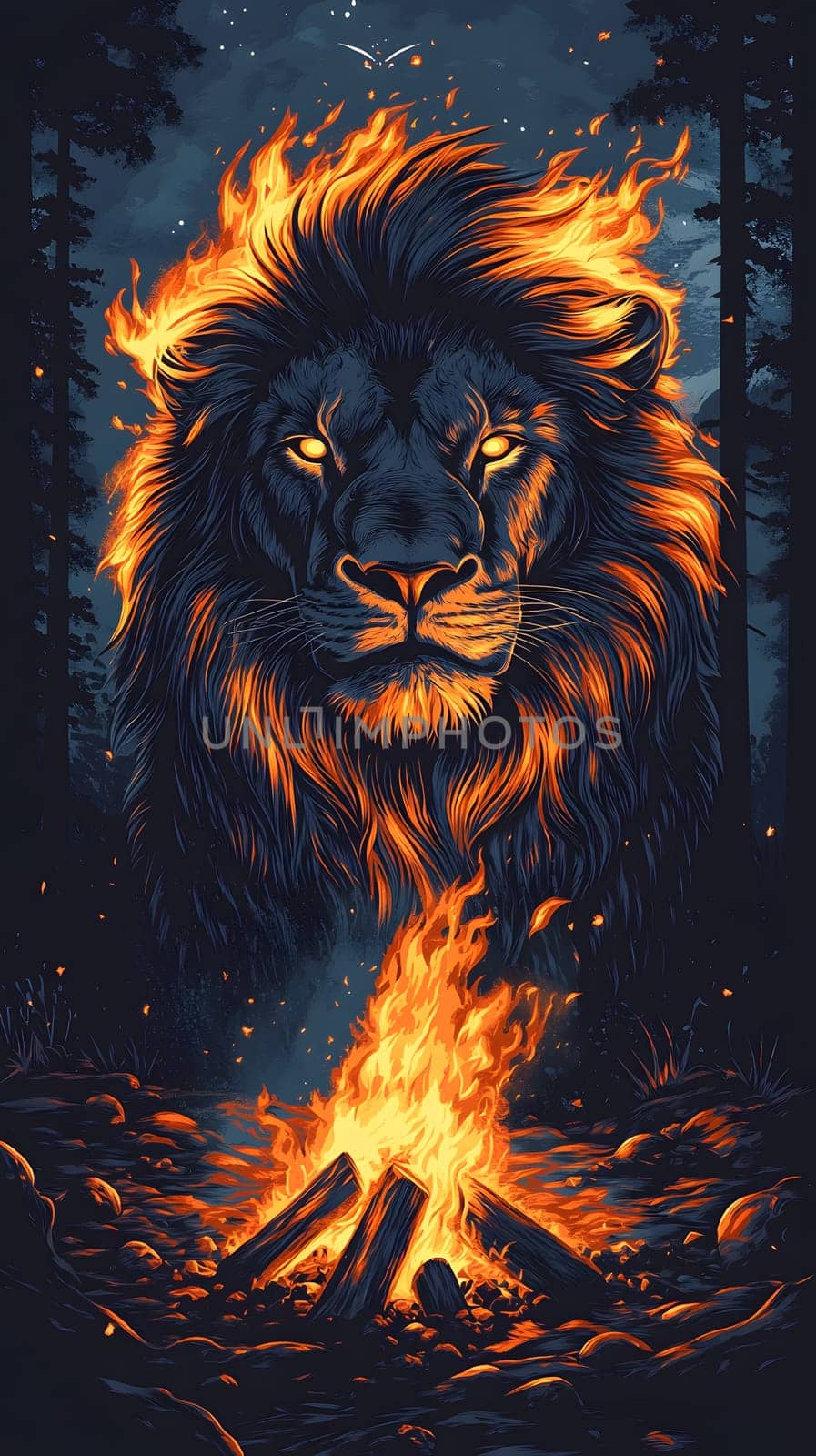 A fiery lion's face emerges above a glowing campfire in a forest.