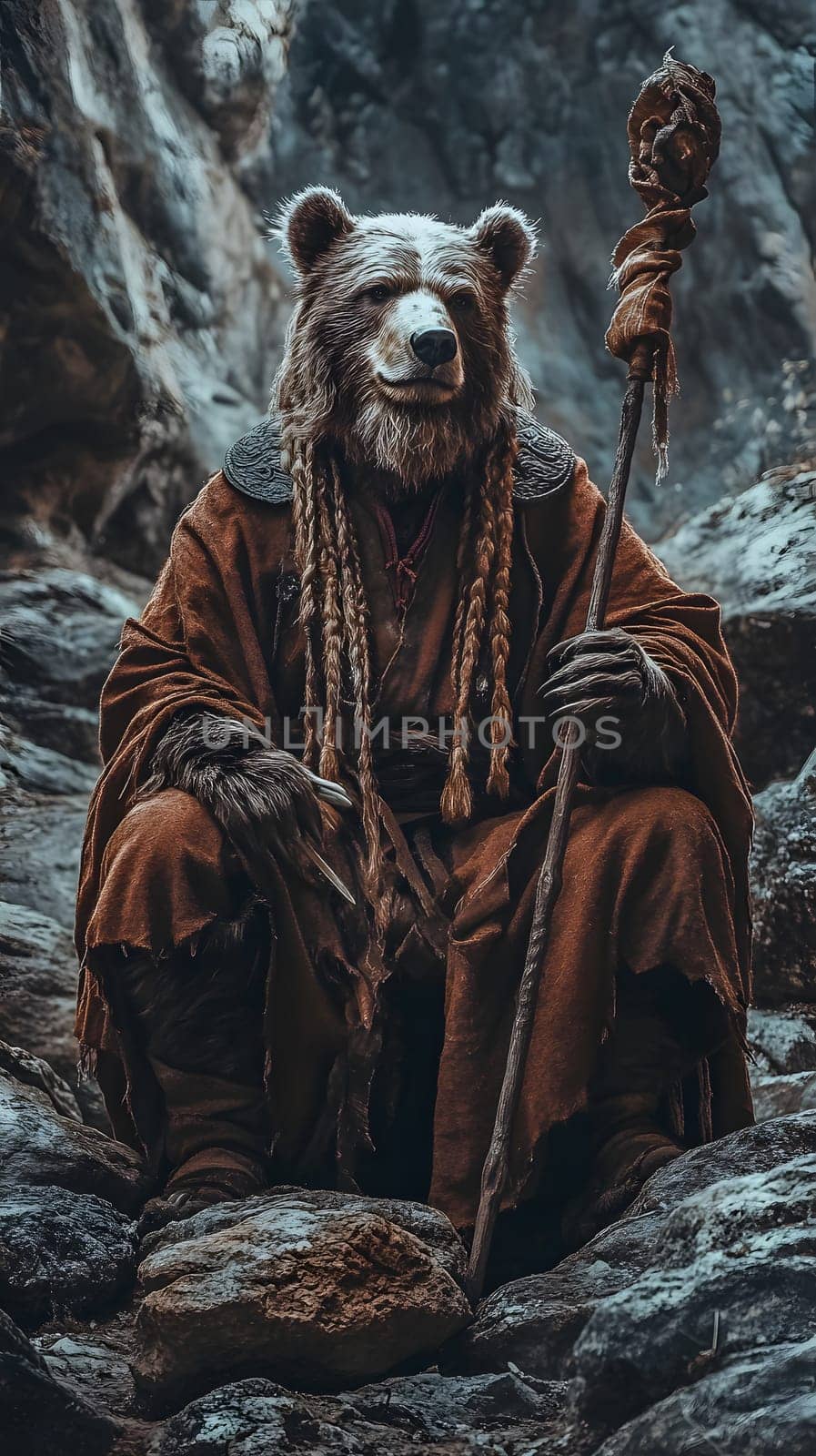 A figure in a bear mask, dressed in rustic attire, holding a staff.