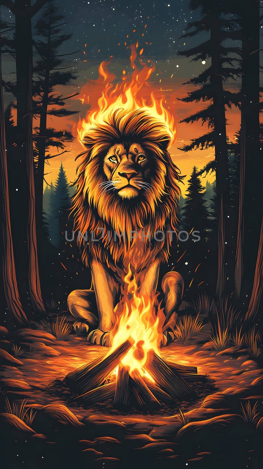A lion with a fiery mane sits by a campfire in a forested setting.