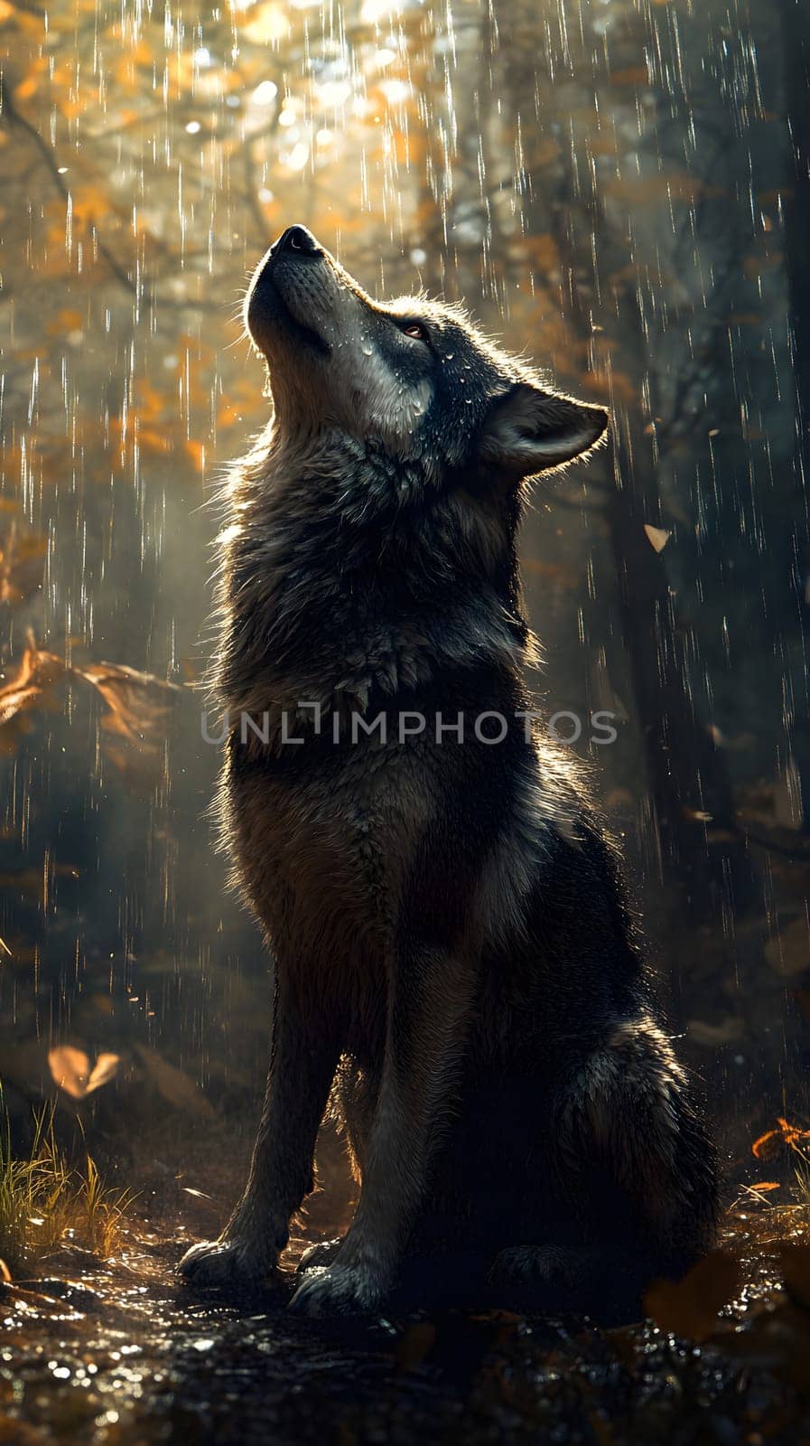 A wolf gazing upward in a misty forest, illuminated by soft light.