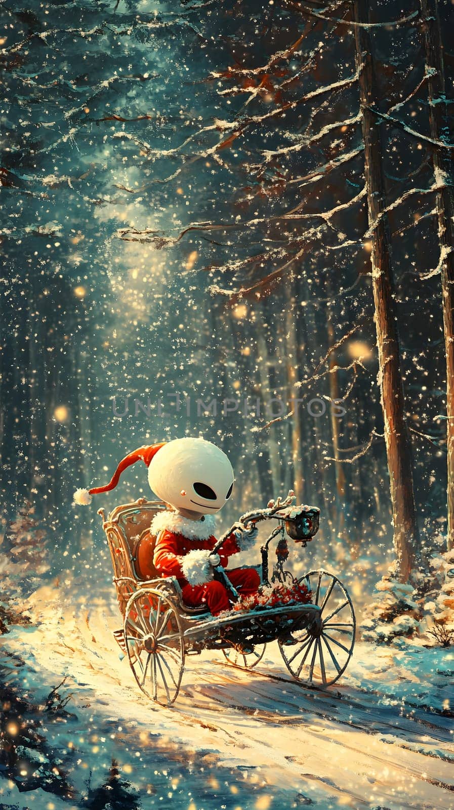 A whimsical character in a Santa outfit rides a bicycle through a snowy forest.