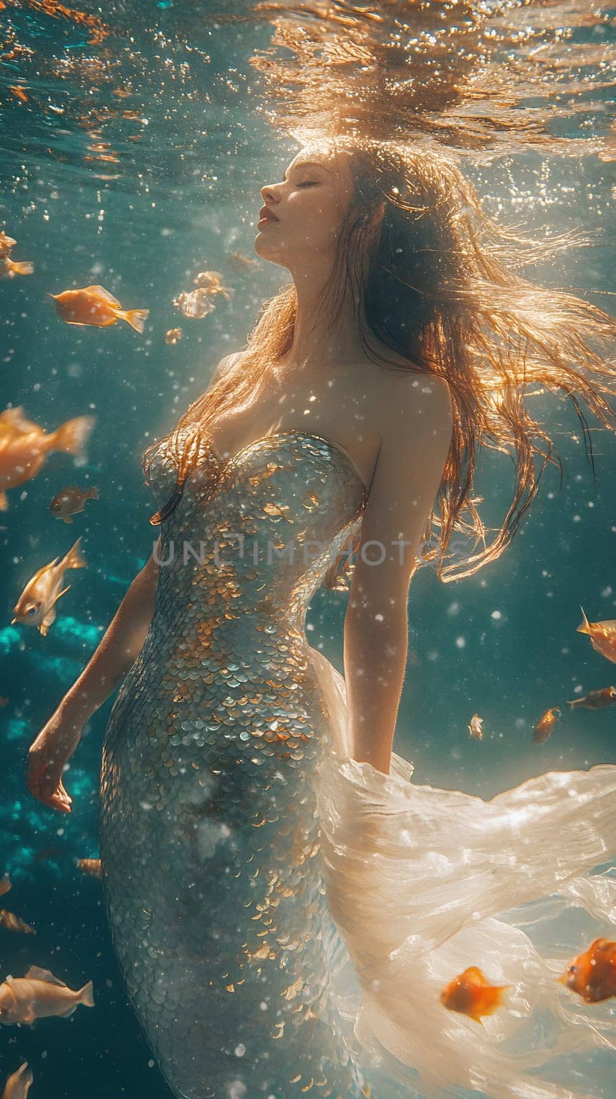 A woman in a shimmering dress gracefully swims underwater among fish.