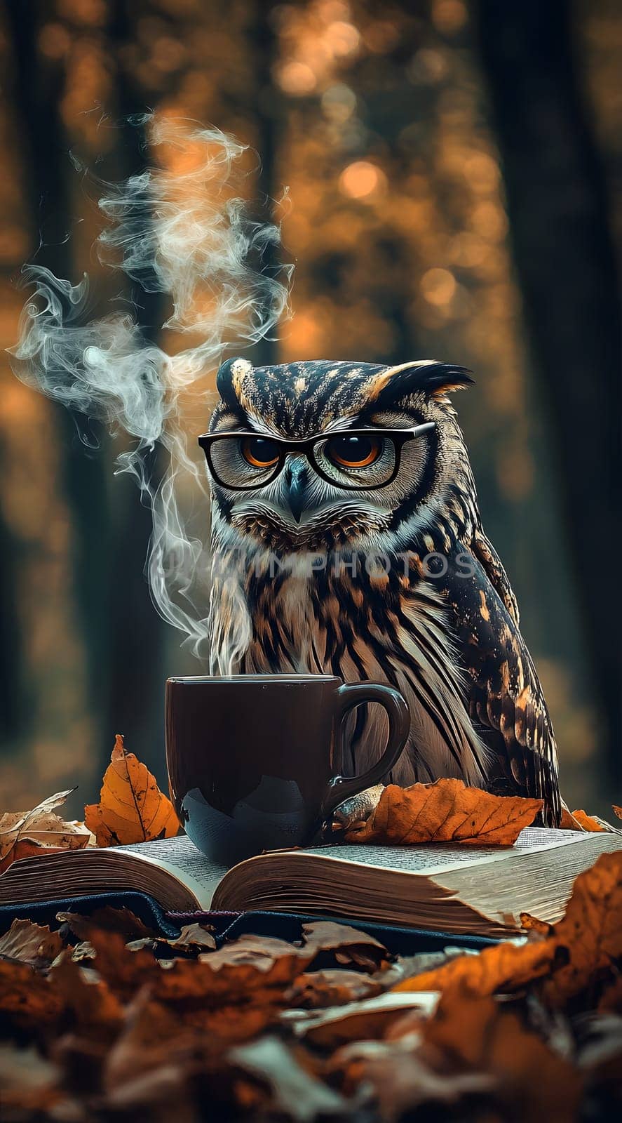 An owl wearing glasses sits beside a steaming cup in a forest setting.
