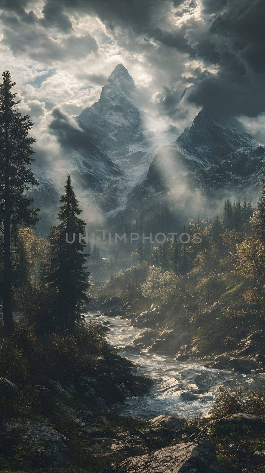 Dramatic mountain landscape with a river and misty atmosphere.