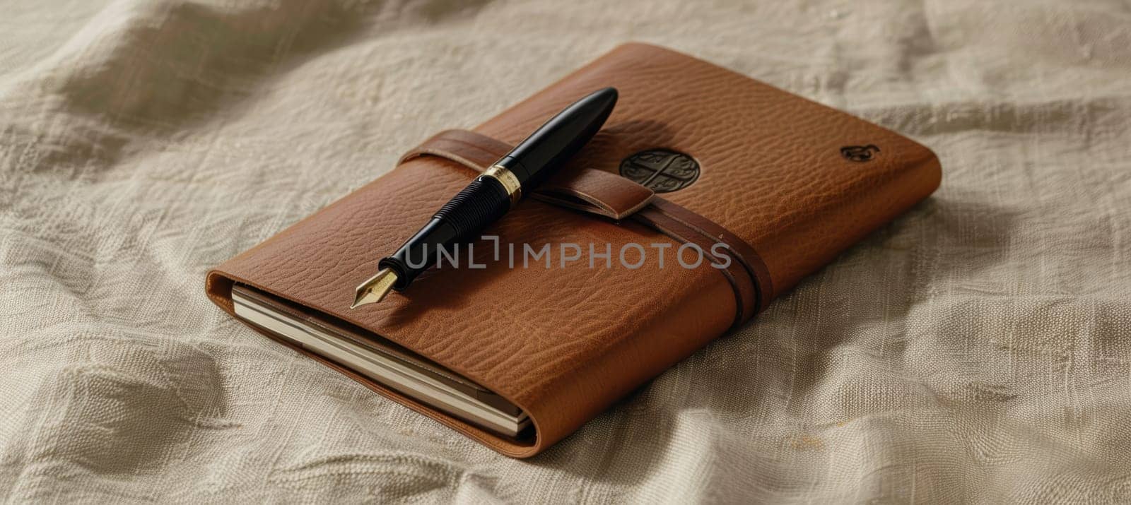 Minimalist mocha mousse leather journal adorned with embossed logo, elegantly styled with a sleek fountain pen. set against a textured beige linen backdrop, this elegant composition is ideal for print design and stationery themes.