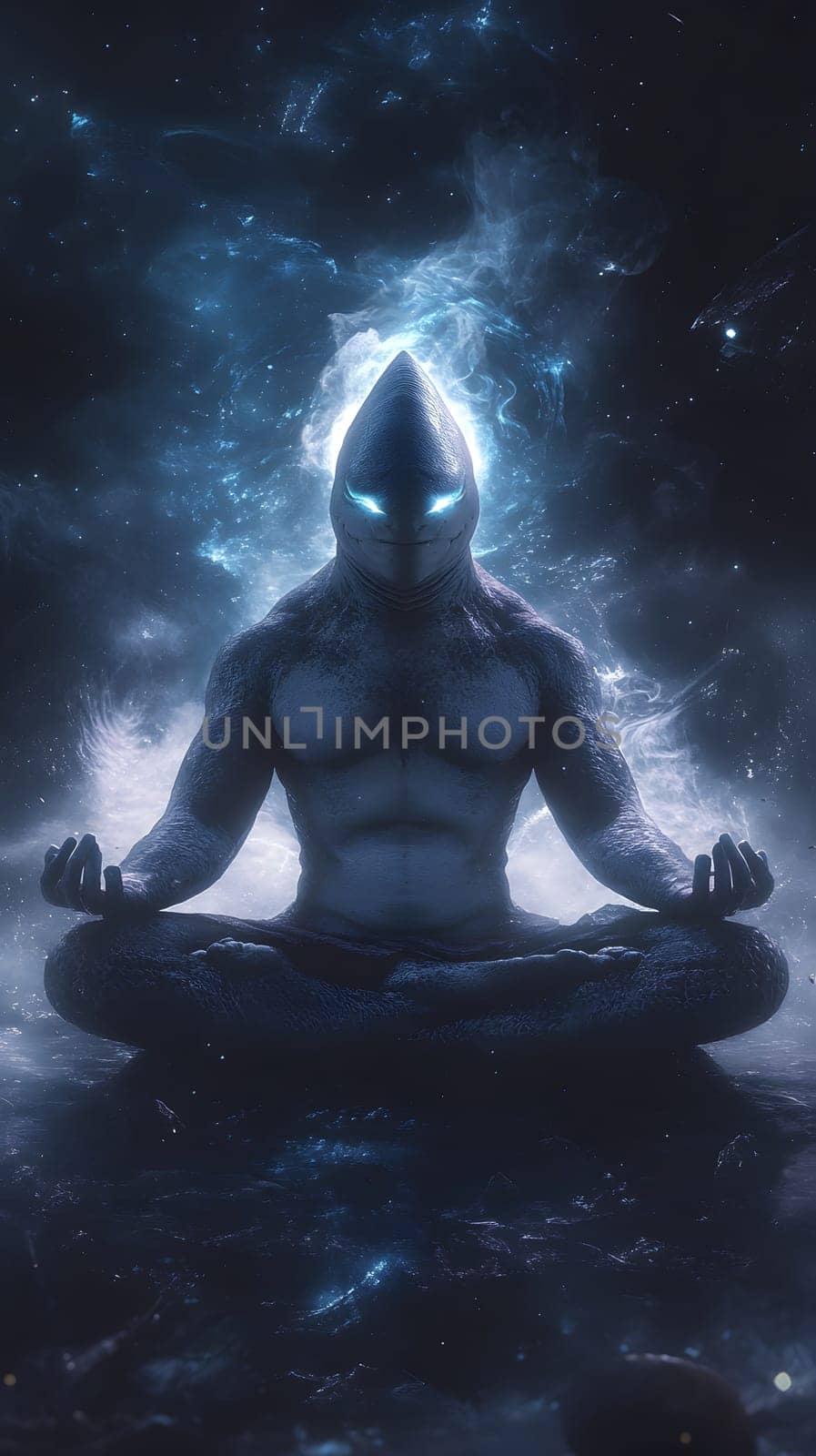 Ethereal figure meditating with glowing features in a cosmic setting.