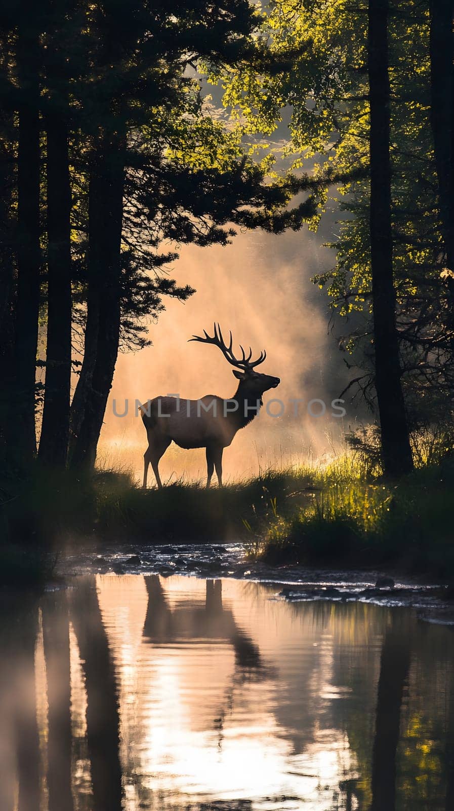 Majestic deer silhouette by a misty river in a forested setting.