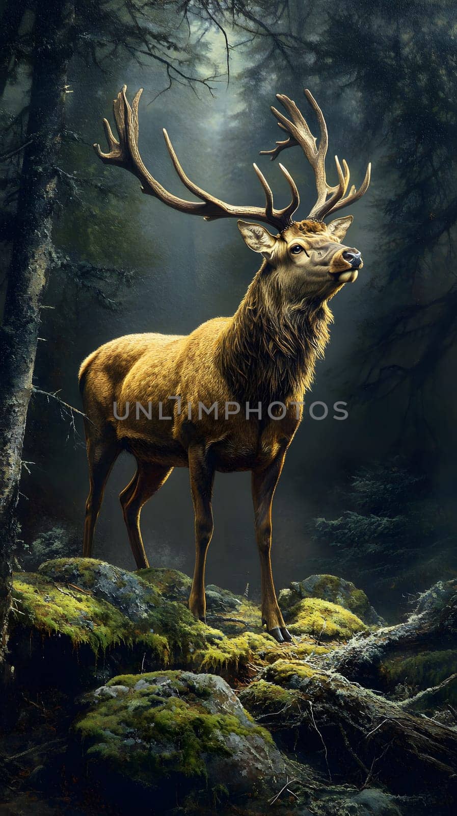 Majestic stag standing in a misty forest, illuminated by soft light.