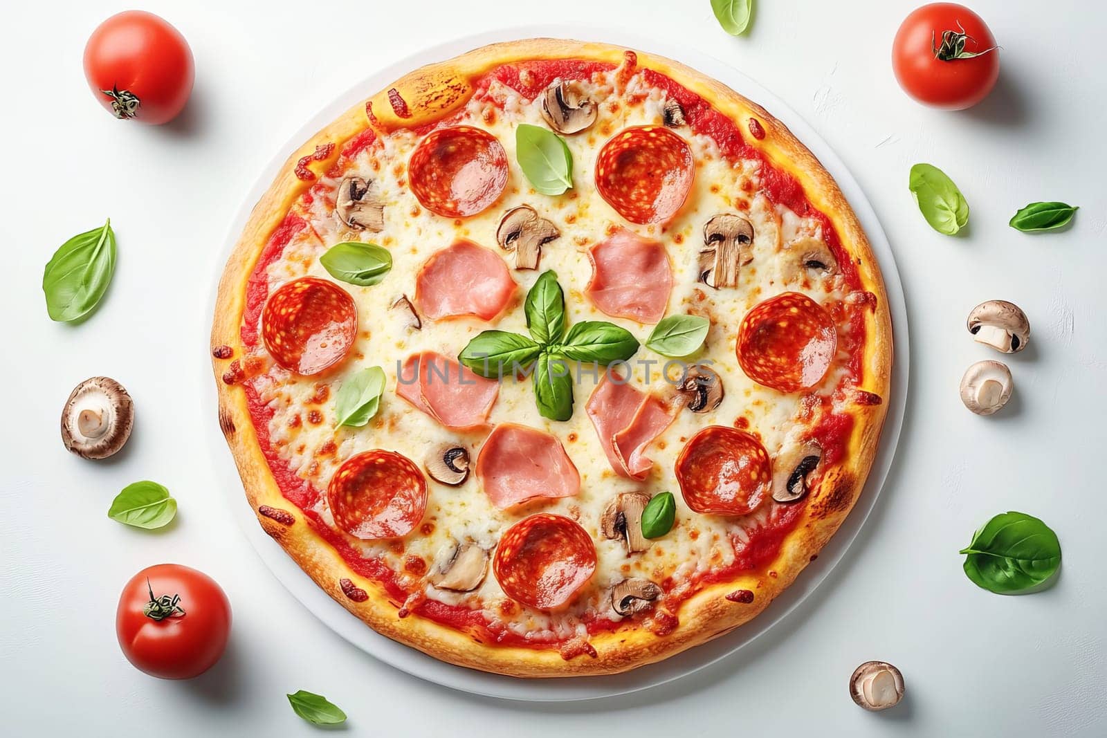 Delicious pizza with pepperoni, mushrooms and vegetables. Traditional universal food. View from above.