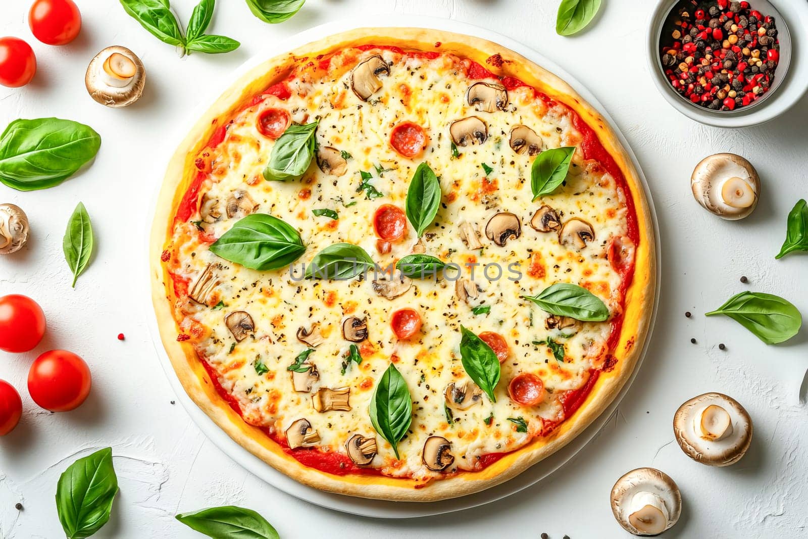 Delicious pizza with pepperoni, mushrooms and vegetables. Traditional universal food. View from above.