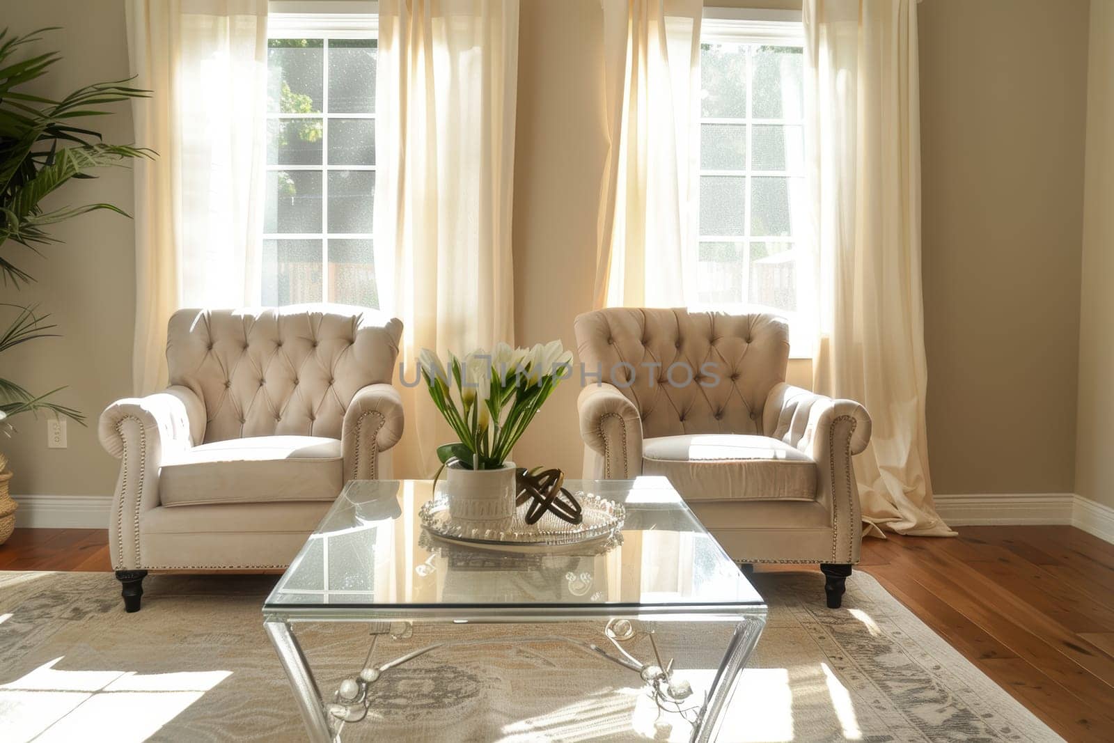 Stylish living room setting with mocha mousse armchairs and a sleek glass coffee table. cream-colored curtains accentuate the space, complemented by natural sunlight. a fresh bouquet adds a touch of elegance and charm.
