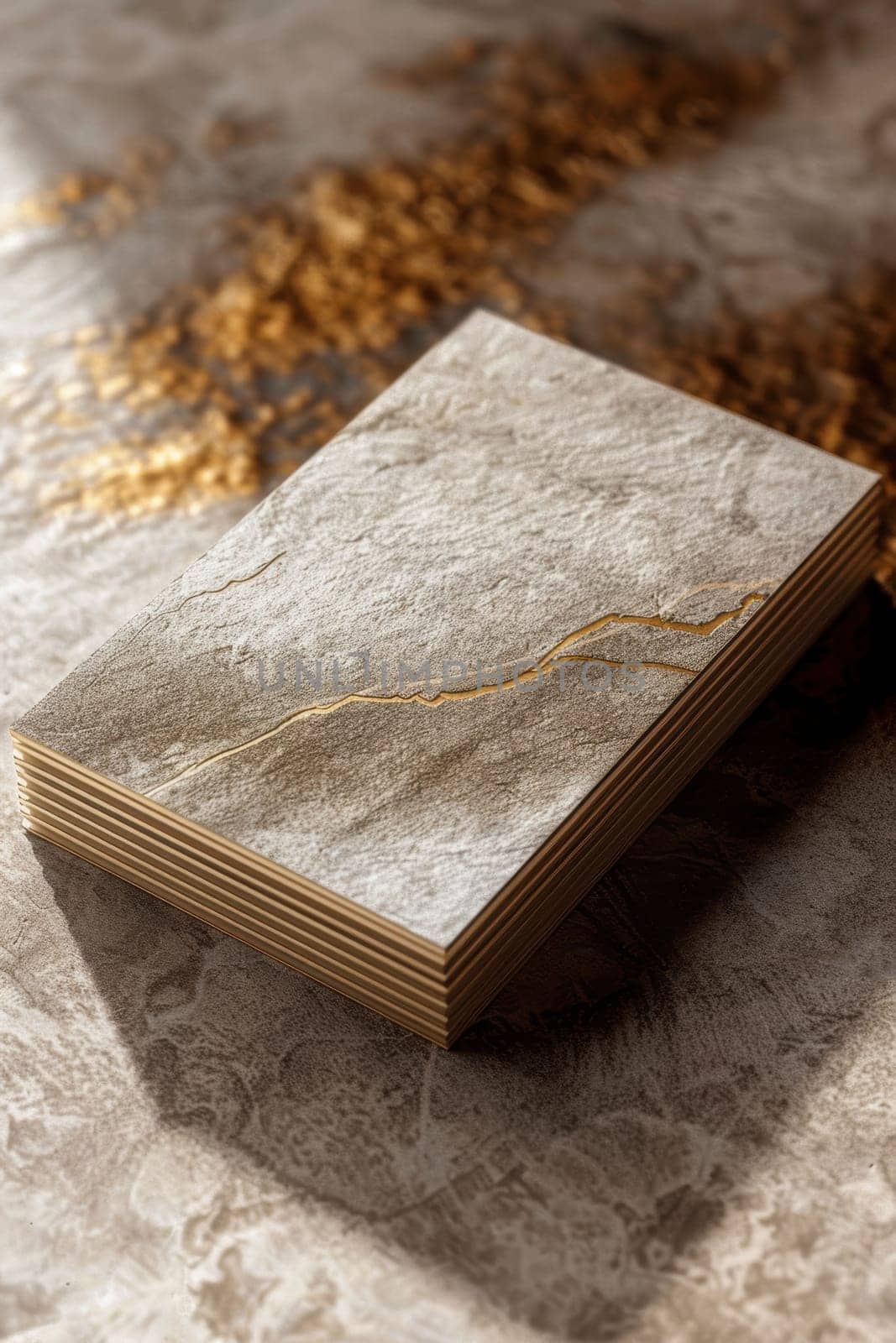 A sophisticated business card design featuring a mocha mousse color palette, highlighted by gold metallic accents. set against a textured beige surface, this design exudes elegance and luxury, ideal for refined branding needs.
