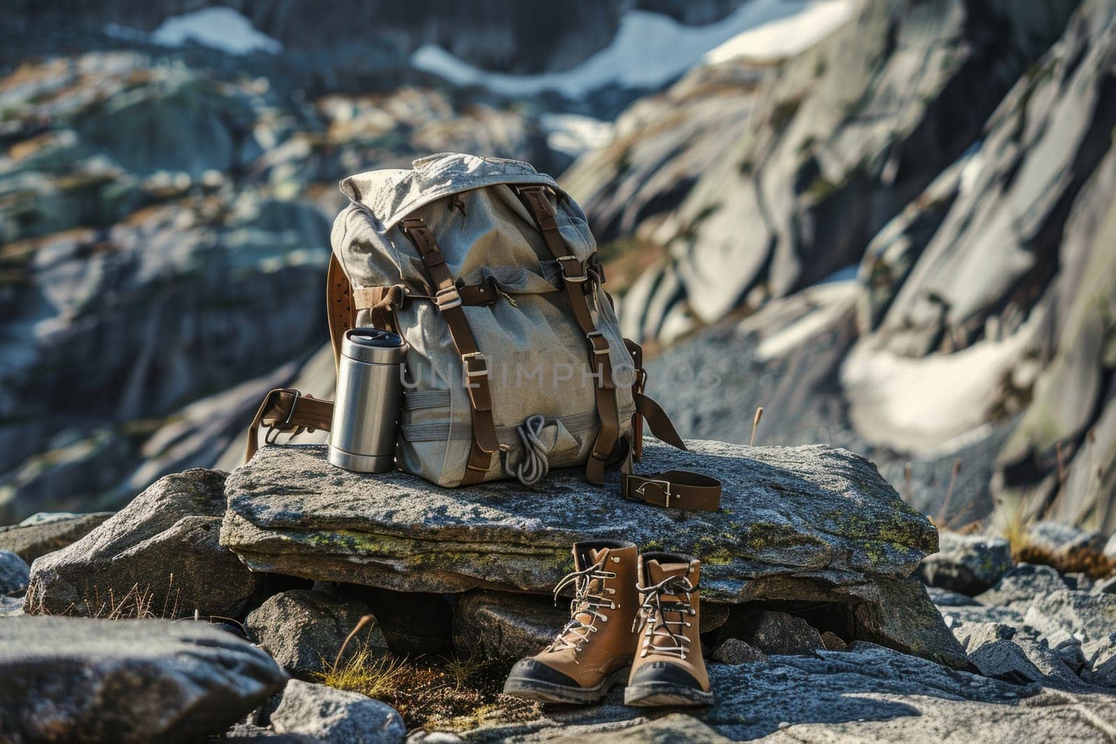 A mocha mousse-toned travel backpack sits on rugged rocky terrain, accompanied by hiking boots and a stainless steel water flask. this setup reflects a passion for outdoor adventure and exploration, ideal for hiking enthusiasts.